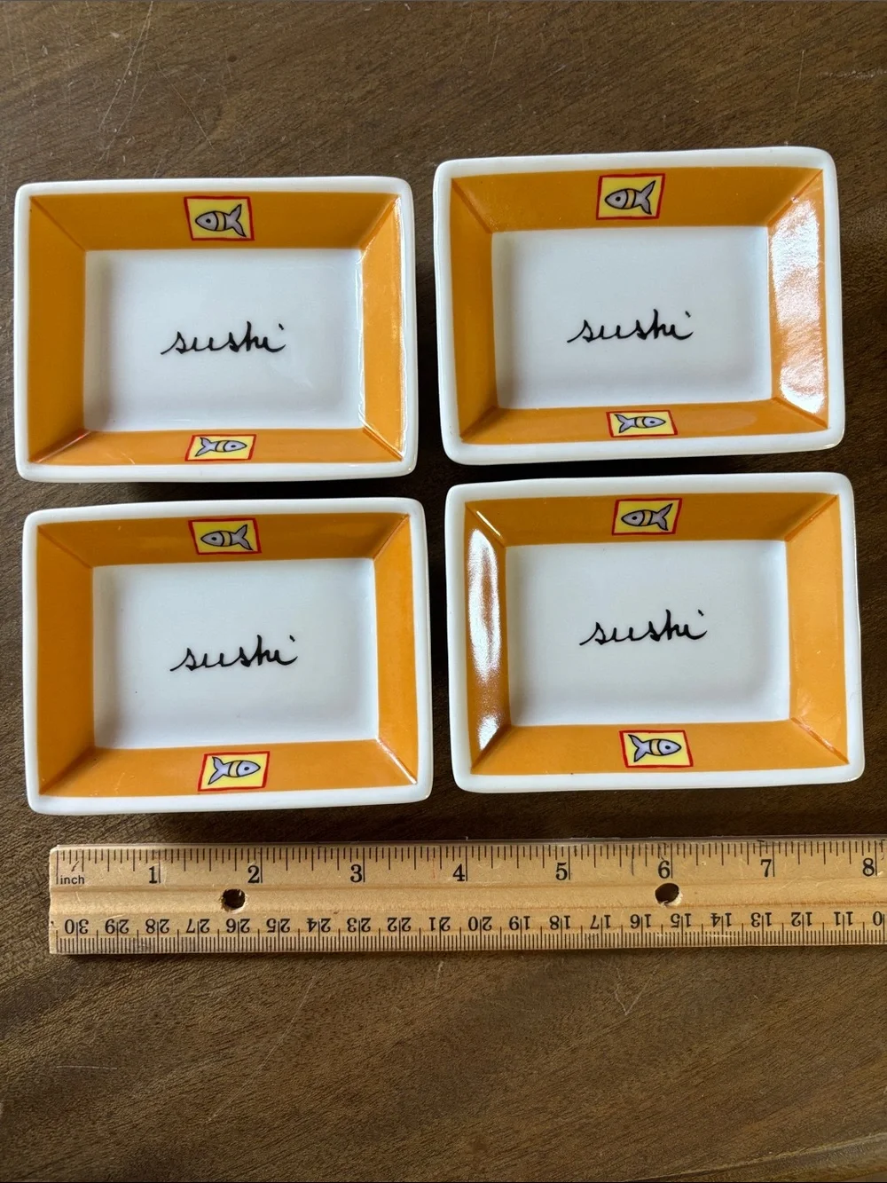 Set of 4 Orange & White Sushi spy/wasabi Dishes 2.5x1.75”